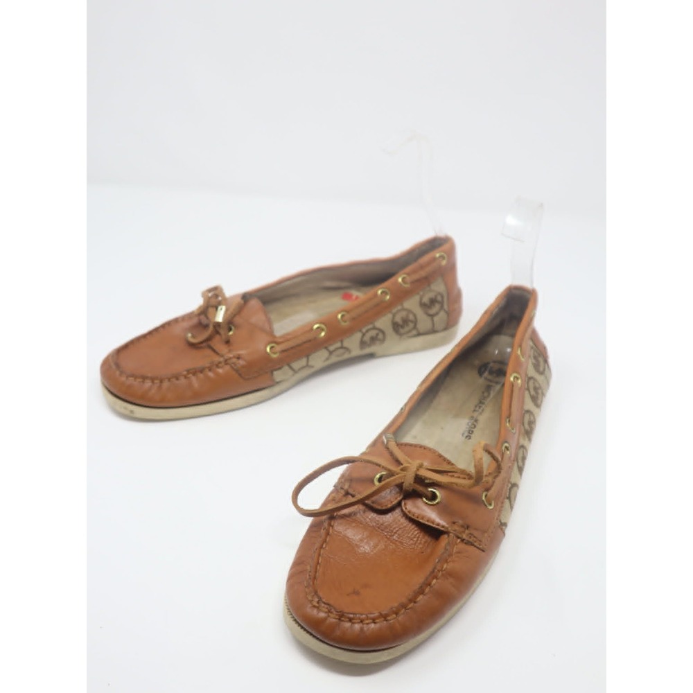 *FLAWED* Brown Boat Shoes 11 Michael Kors Womens Leather Monogram Flats Fall Tan